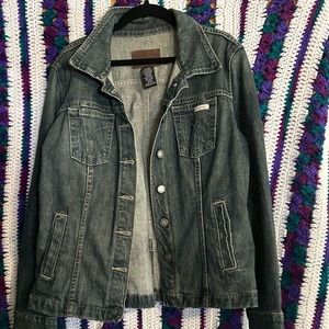 Vintage women’s Calvin Klein leather patched denim jacket, rare 3 button cuff.